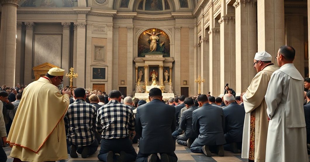 A group of prisoners kneeling before an invalid Mass led by antipope Leo XIV in St. Peter's Basilica during the Jubilee of Hope in December 2025.