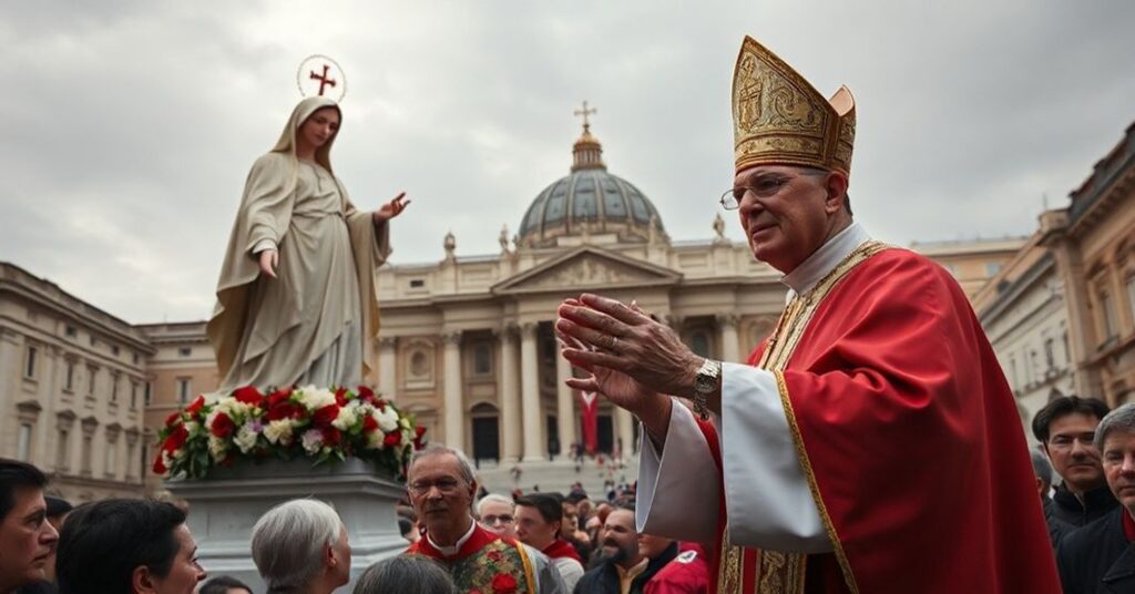 Antipope Leo XIV addressing a crowd in St. Peter's Square during the Feast of the Immaculate Conception, with a Marian statue at the Spanish Steps in Rome.