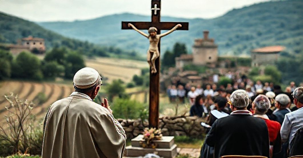 Traditional Catholic scene contrasting true Jubilee values with the Conciliar Sect's naturalist "Economy of Francesco" event at Castel Gandolfo.