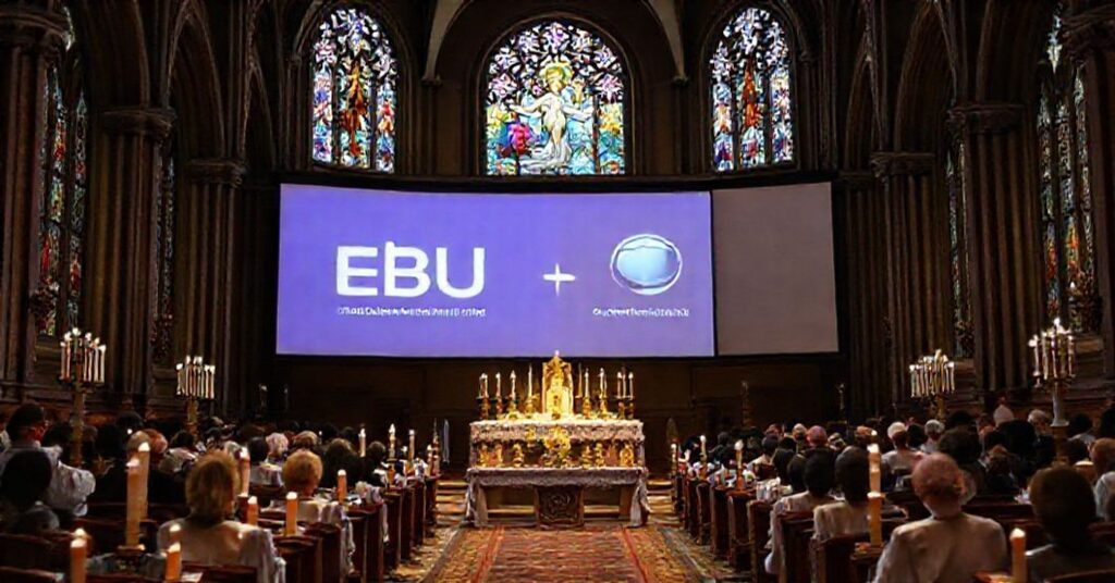 A traditional Catholic mass in a historic church with stained-glass windows, contrasting with a projection screen displaying Vatican Media and EBU logos.