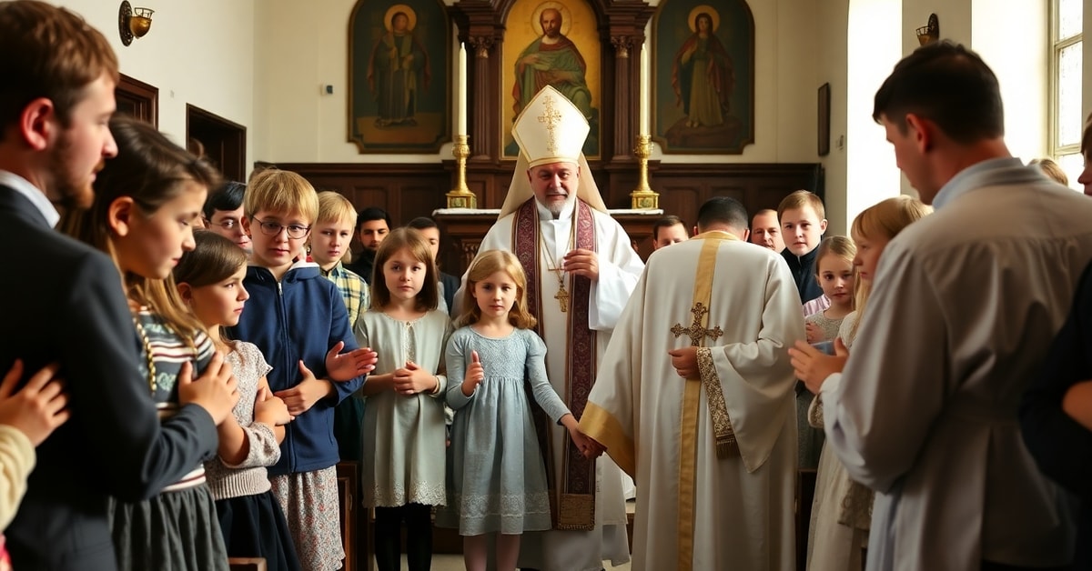 Ukrainian children in a modernist church setting with a conciliar bishop during a Novus Ordo Mass, reflecting spiritual emptiness.