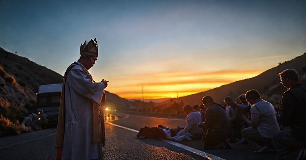 A Catholic priest administers last rites to injured retreatants after a bus accident in California, highlighting the spiritual neglect of the conciliar sect.