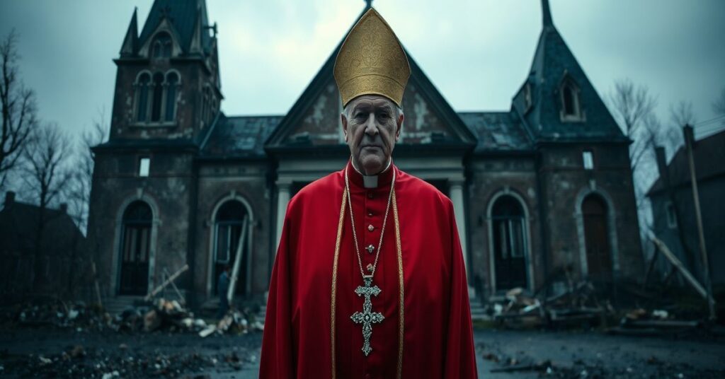 Solemn image depicting Archbishop Jean-Marie Speich in front of a decaying Dutch church, symbolizing the spiritual ruin of the conciliar era.