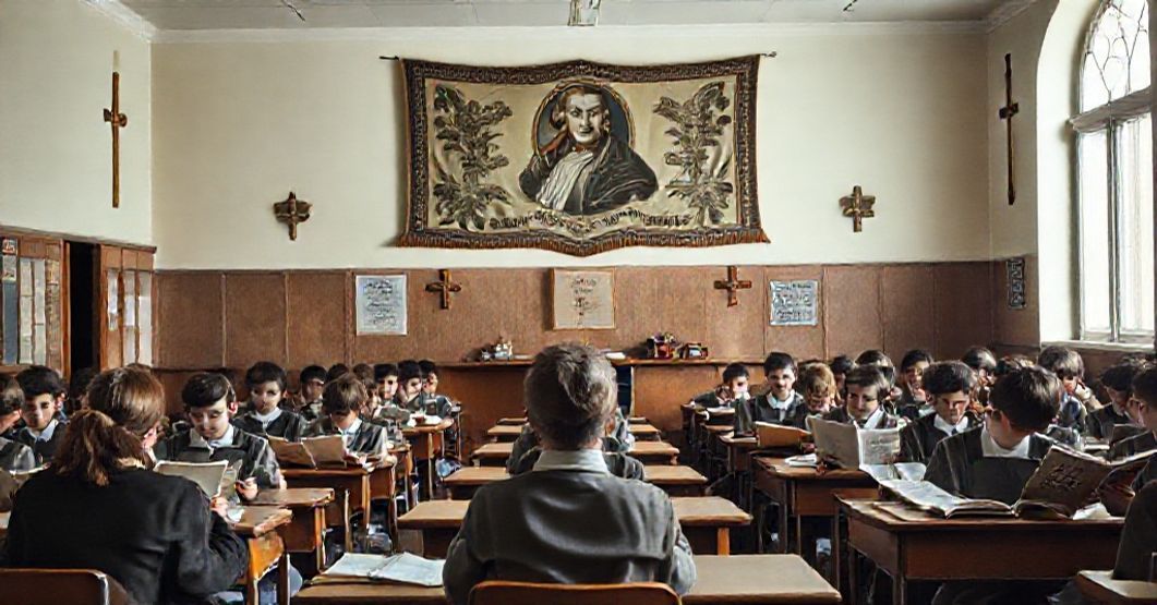 A traditional Catholic schoolroom with modernist influences hidden in textbooks and banners featuring John Henry Newman.
