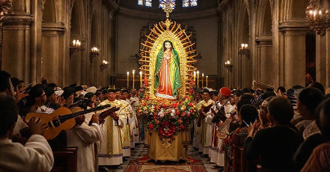 A solemn interior of a Mexican cathedral during a false 'Guadalupe Night' celebration featuring post-conciliar clergy and syncretic elements.