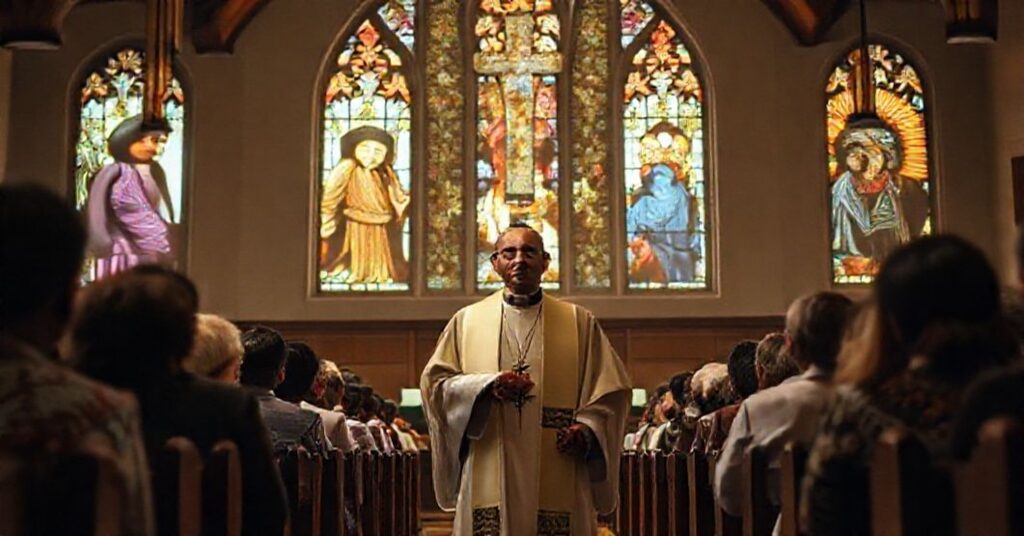 Depiction of Conciliar Sect's syncretism through racial documentaries in a traditional Catholic setting.