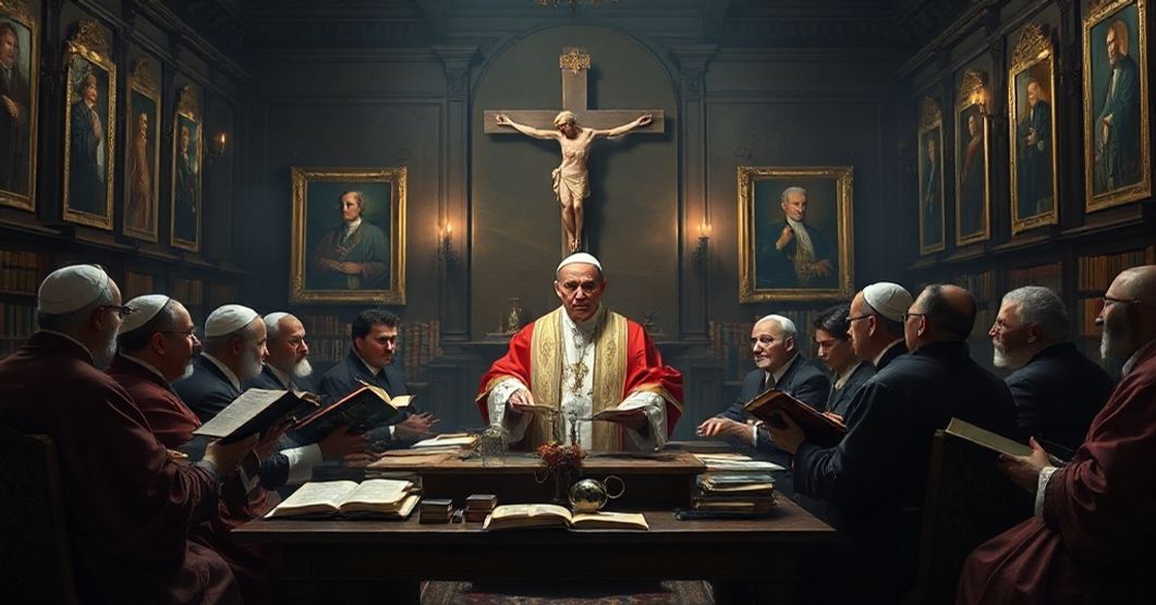 A traditional Catholic library setting with usurper 'Pope' Leo XIV addressing modernist theologians, surrounded by condemned modernist texts