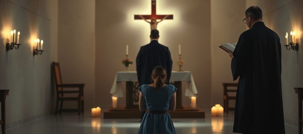 A young woman prays before a crucifix in a conciliar chapel while a priest ignores her spiritual needs, symbolizing the abandonment of Catholic vocation for therapeutic self-help.