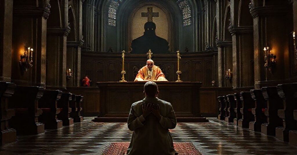 A solemn tribunal in a traditional Catholic cathedral, symbolizing the betrayal of doctrinal truth by the conciliar sect.