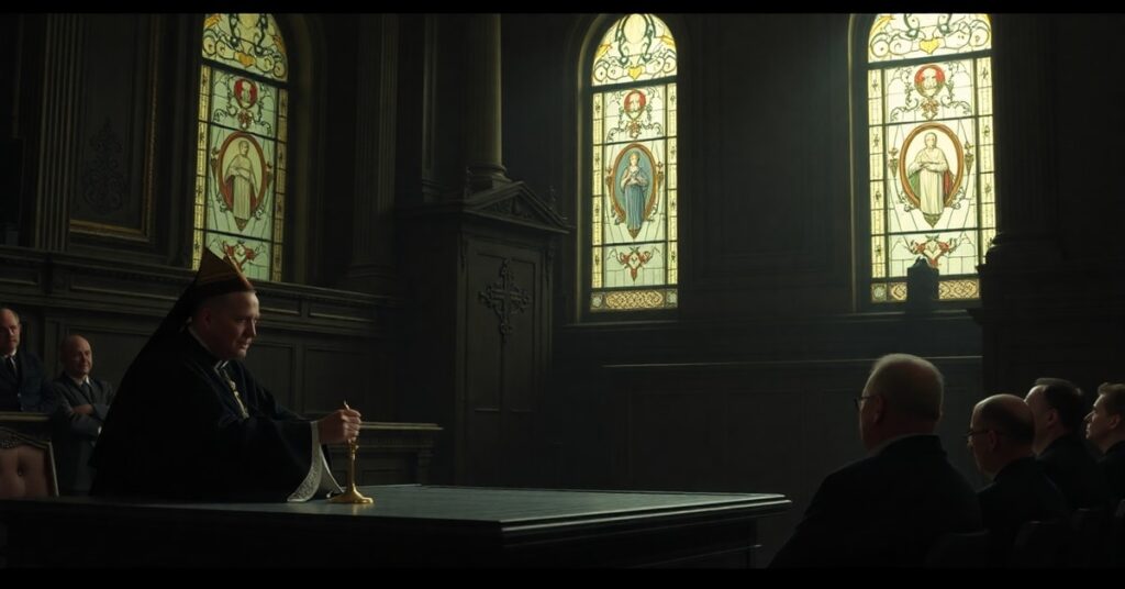 A solemn Catholic tribunal scene in Portugal with Father Albino Meireles on trial, Carla Rodrigues and António Grosso observing.