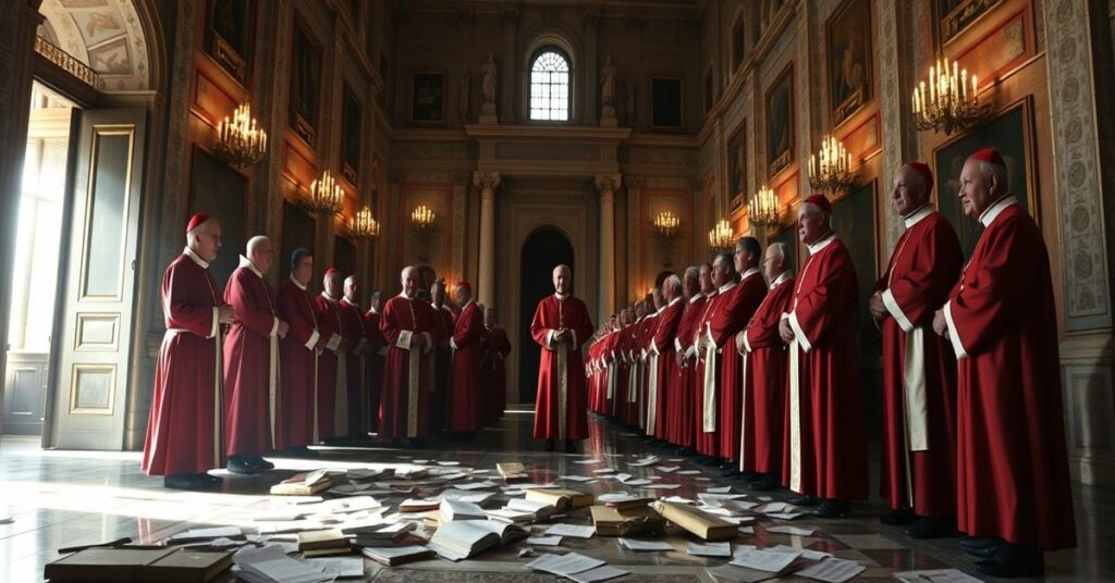 A solemn image of the deserted Sistine Chapel during a conclave, symbolizing the erosion of sacred secrecy in the papal election.