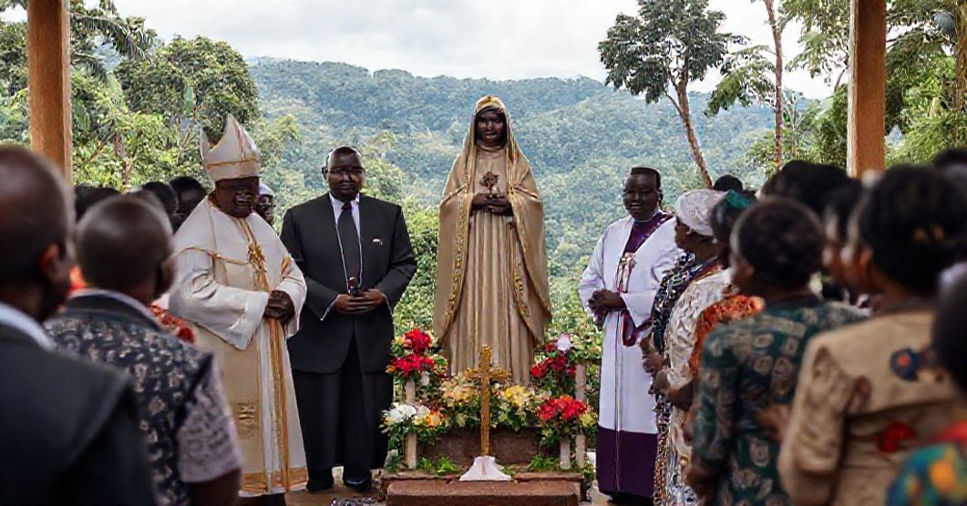 A reverent Catholic shrine in Congo honoring Blessed Marie-Clémentine Anuarite Nengapeta, with Archbishop Fulgence Muteba Mugalu and Prime Minister Judith Suminwa present.