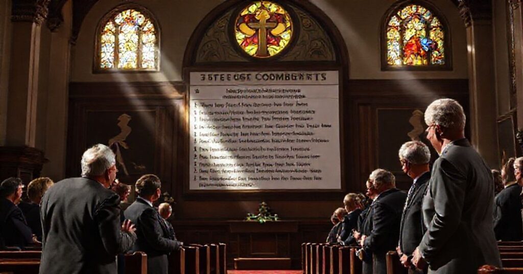 Catholic lawmakers in prayerful reflection before Ten Commandments display in a school classroom with traditional church iconography.