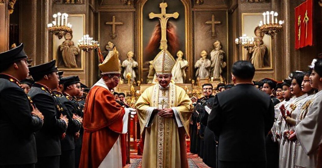 A solemn Catholic bishop in traditional vestments consecrating a new bishop in a state-controlled Chinese church with Communist Party officials present.