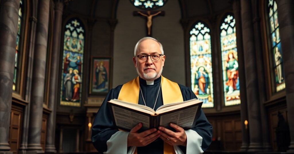 Formal portrait of conservative Catholic theologian Joe Capizzi in traditional chapel setting symbolizing fidelity to pre-conciliar Catholic identity at Notre Dame's McGrath Institute