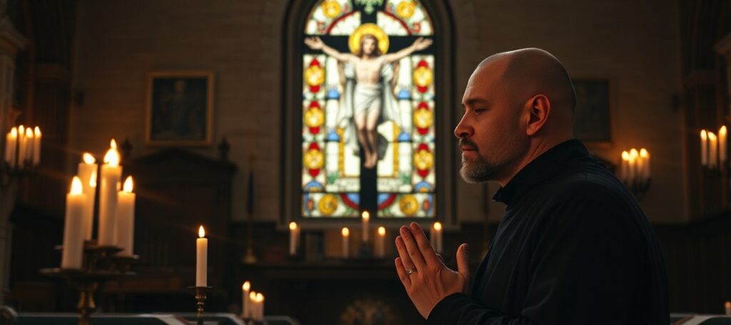 A traditional Catholic monk in prayer before a crucifix in a monastery, symbolizing the true supernatural purpose of contemplative life—salvation of souls and glory of God.