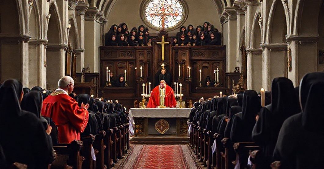 A solemn Mass with cloistered nuns in black habits praying in a traditional Catholic church, juxtaposed with modern social activism by laypeople.