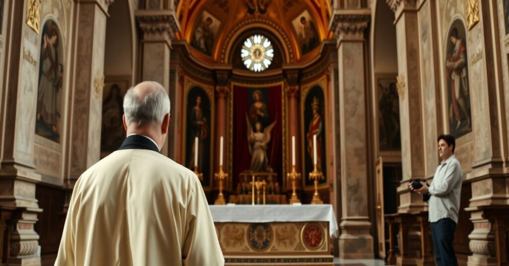 A Catholic priest in traditional vestments stands solemnly before a desecrated altar in a Renaissance-style church, contrasting with David Henrie observing from the shadows.