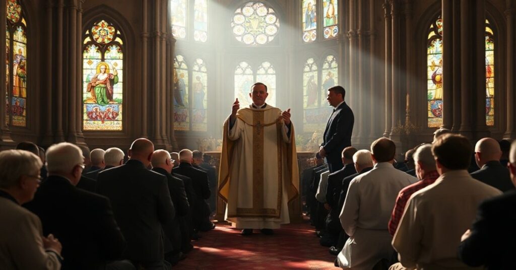 Traditional Catholics in prayer before the Blessed Sacrament in a cathedral, contrasting with secular figures representing the Easter Monday bill.