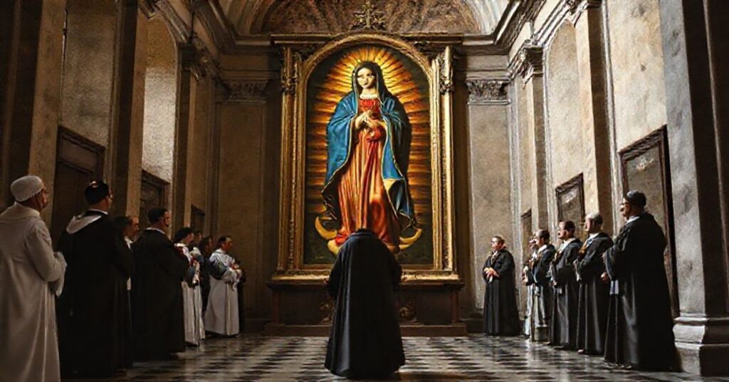 A traditional Catholic depiction of the controversial 16th-century painting of Our Lady of Guadalupe in Rome's Church of San Vitale, highlighting its syncretic elements and theological concerns.