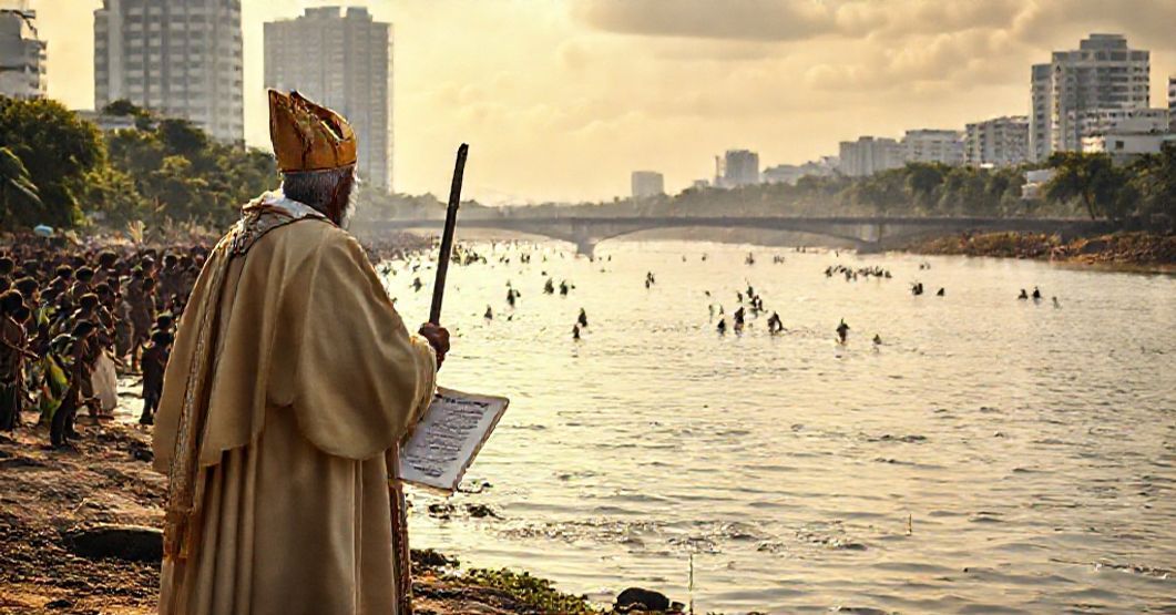 A solemn image of the Igarapé Água Preta River in Belém, Brazil, depicting indigenous tribes performing pagan rituals alongside modern urban life, symbolizing the syncretism and naturalism promoted at COP30.