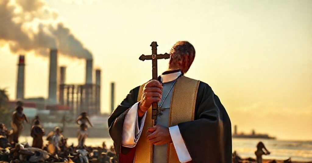 A Catholic priest in traditional vestments stands solemnly in front of the COP30 summit venue in Belém, Brazil, holding a crucifix and gazing at distant industrial smoke with discarded Pachamama idols around him.