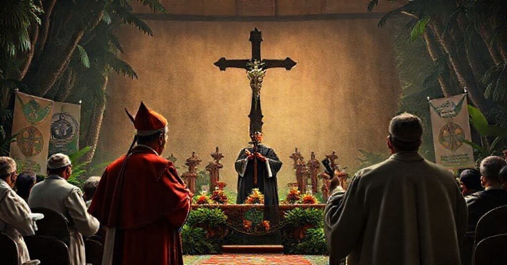 Depiction of COP30 climate summit in Belém, Brazil, highlighting the spiritual conflict between conciliar climate activism and traditional Catholic faith.