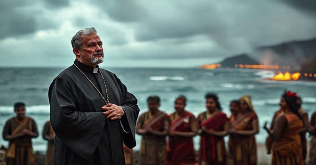 A Catholic priest in traditional attire stands solemnly before Pacific Islanders performing rituals, symbolizing the conflict between ecological activism and Divine Providence.