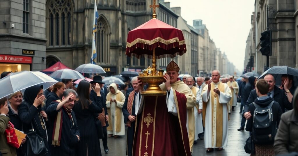 A solemn Eucharistic procession in Cork, Ireland, with thousands of faithful braving torrential rain under a conciliar bishop's leadership.