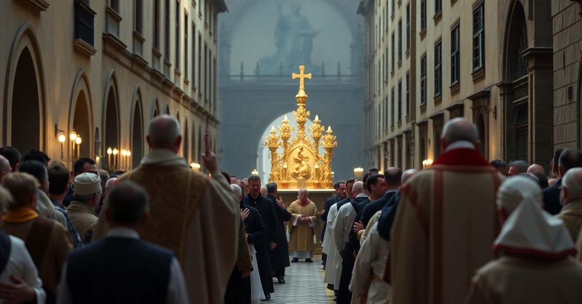A traditional Corpus Christi procession with faithful kneeling in reverence to the Blessed Sacrament, contrasting with the blurred figure of antipope Leo XIV in the background.