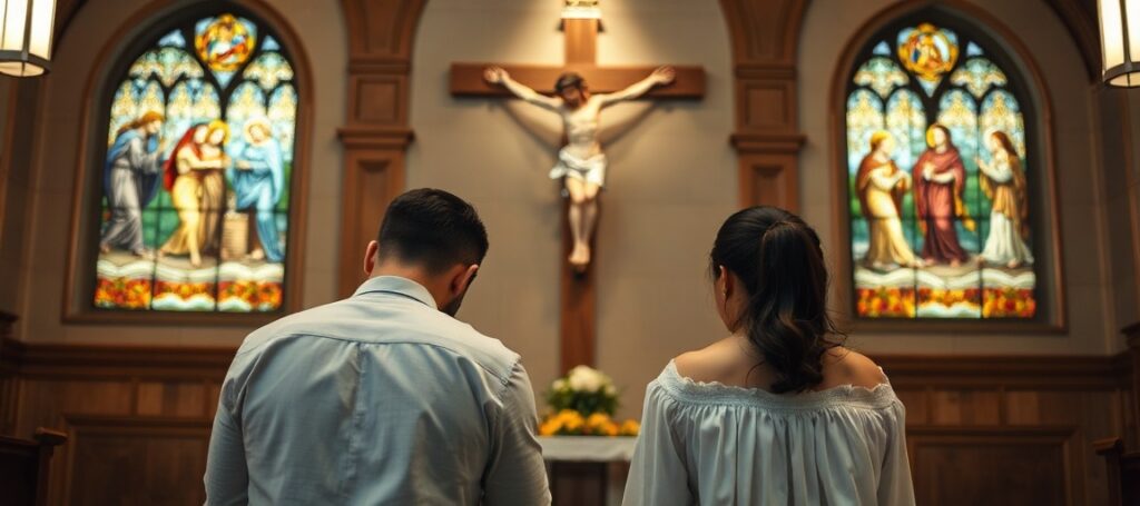 A Catholic couple kneeling in prayer before a crucifix in a church, reflecting on their struggle with infertility through the lens of the supernatural Cross of Christ.