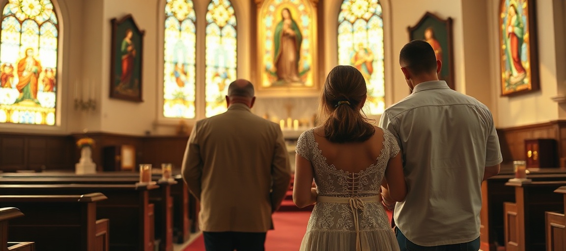 Couple praying at Marian shrine in traditional Catholic setting