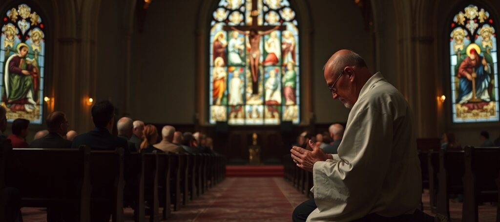 A traditional Catholic priest praying in a church with members of Courage International in the background, symbolizing the struggle for chastity against modernist heresy.