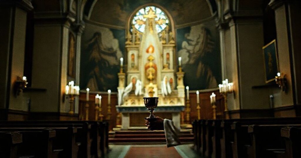 A solemn Catholic priest in traditional cassock stands before an empty altar in a dimly lit church, reflecting the crisis of invalid sacraments in the conciliar sect.