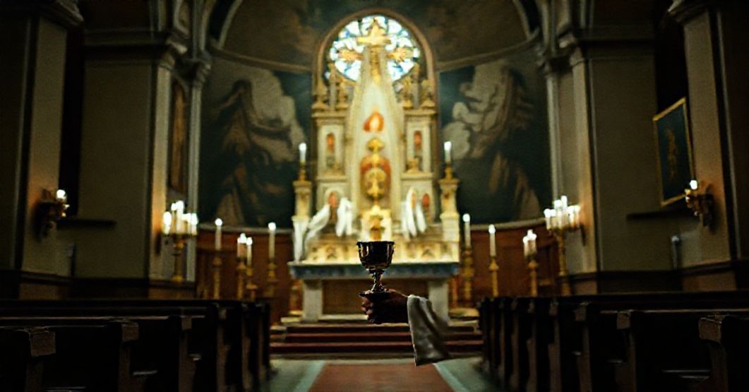 A solemn Catholic priest in traditional cassock stands before an empty altar in a dimly lit church, reflecting the crisis of invalid sacraments in the conciliar sect.