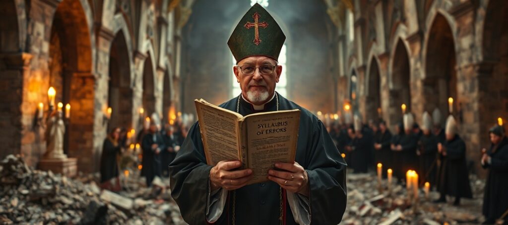 A Catholic bishop in ruined church holding Syllabus of Errors amidst persecution under secular religious freedom banner.