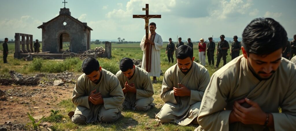 Cristero martyrs kneeling in prayer during persecution under Calles Law, Bishop Sigifredo Noriega holding a crucifix in the background.