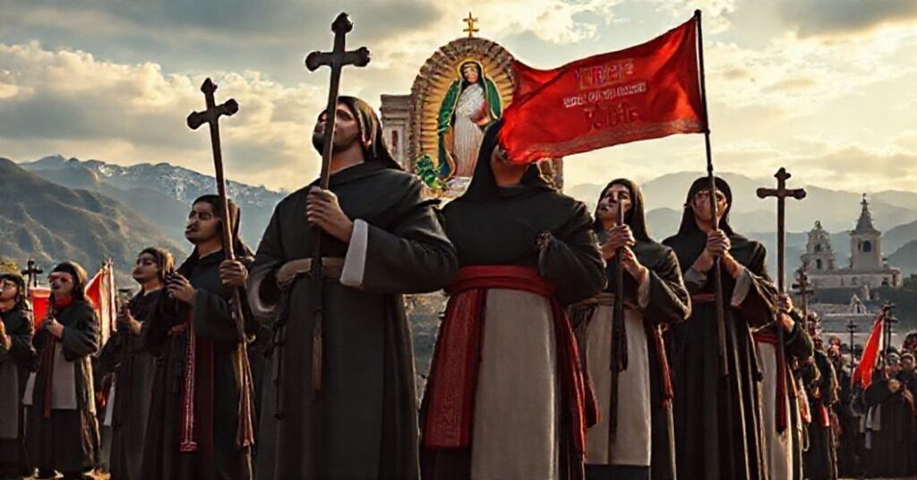 Cristero martyrs praying with rosaries and banners in a Mexican landscape with the Basilica of Our Lady of Guadalupe in the background.