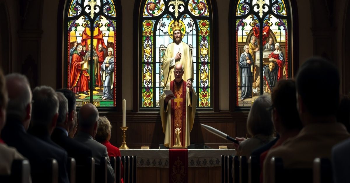 A solemn Catholic priest preaching in a modest church, emphasizing the absence of Christ the King's reign in modern society.