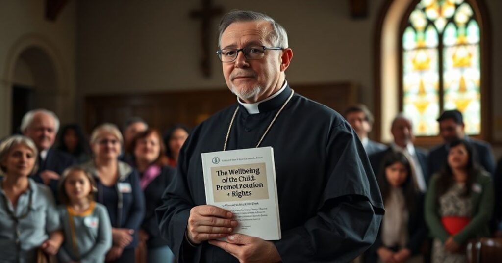 Solemn Catholic priest in traditional cassock holding a controversial textbook on child welfare with UN and conciliar figures in the background.