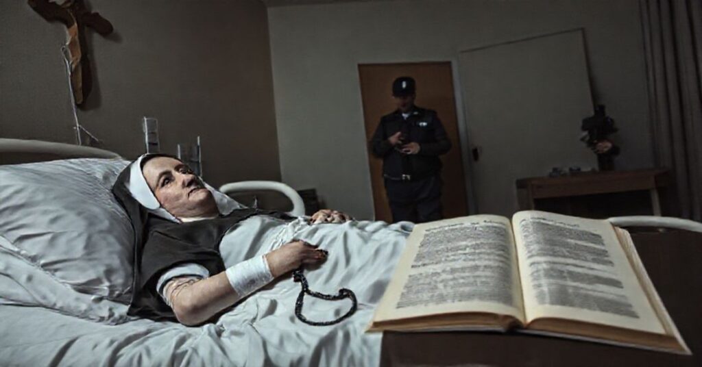 Croatian Nun Fake Stabbing Incident: A somber hospital scene with Sister Marija Tatjana Zrno in a Sisters of Charity habit, holding a rosary.