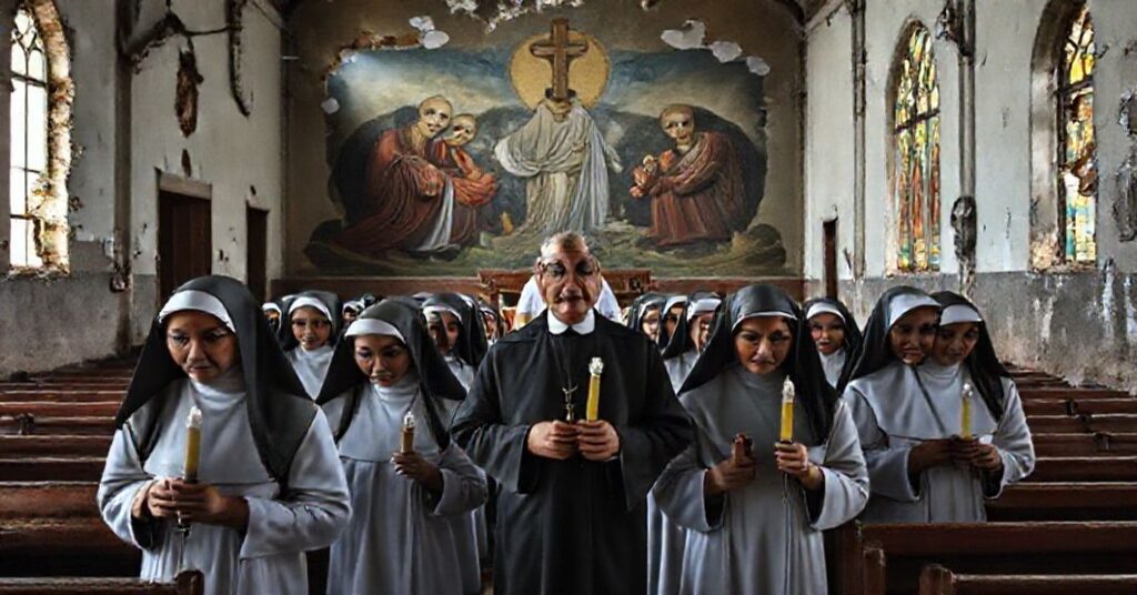Solemn procession of Cuban nuns in traditional habits walking through a decaying church, symbolizing the post-Conciliar collapse of consecrated life in Cuba.