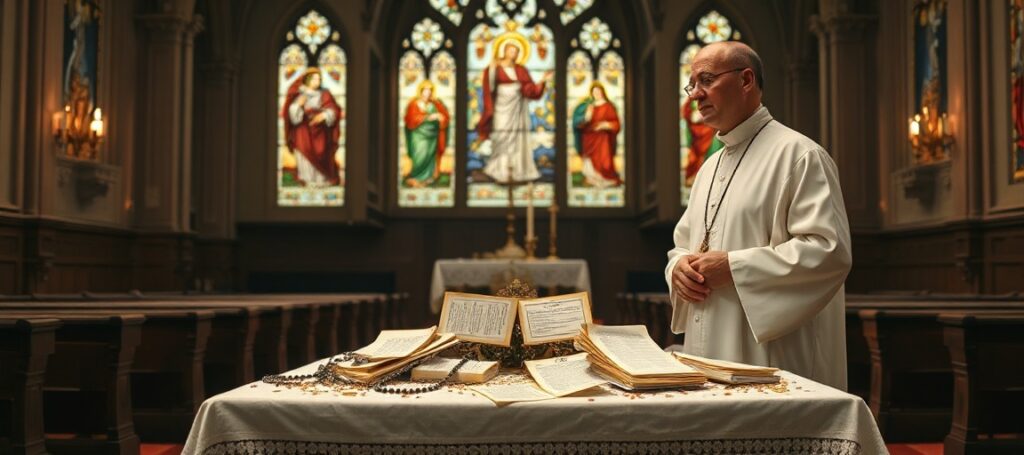 A Catholic priest in a church with a collapsing wedding altar symbolizing the decay of marriage and the need for spiritual renewal.