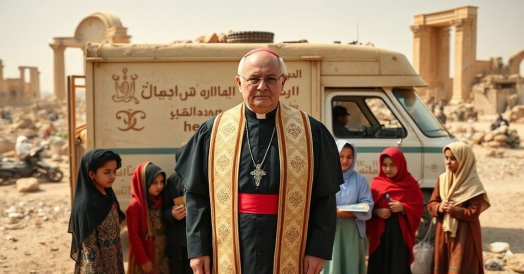 A Catholic priest in traditional vestments stands solemnly before a Mesopotamian heritage truck in war-torn Iraq, contrasting with children engaged in pagan cultural activities.