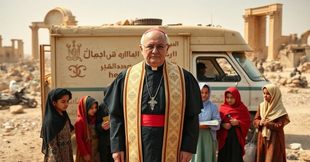 A Catholic priest in traditional vestments stands solemnly before a Mesopotamian heritage truck in war-torn Iraq, contrasting with children engaged in pagan cultural activities.