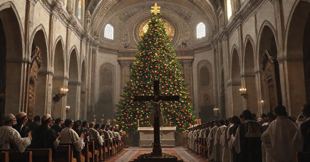 A solemn Catholic depiction of Damascus' Mar Elias Church with a large Christmas tree and a scene of martyrs receiving final sacraments, symbolizing the desecration of sacred sites and doctrinal collapse in modern Eastern Christian celebrations.