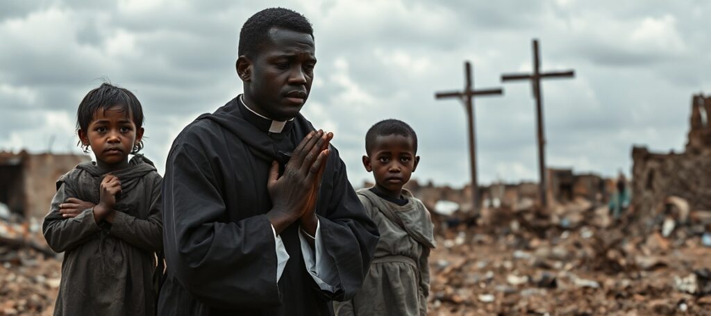 A moving depiction of suffering children in Darfur with a Catholic priest praying beside them amidst war ruins.