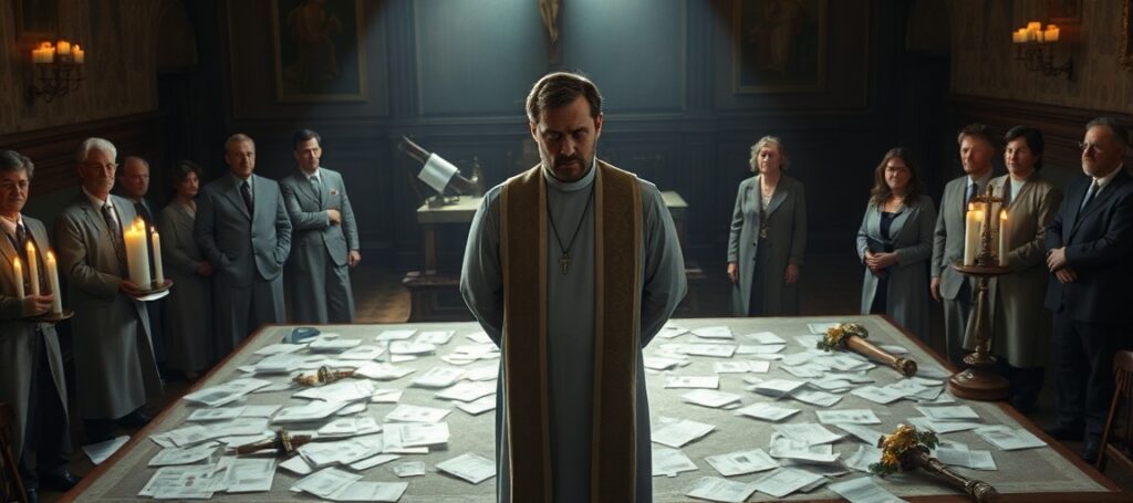 A somber depiction of Deacon John Sommer's embezzlement scandal at Christ the King Parish in Tulsa, illustrating the spiritual and administrative decay within the Conciliar Sect.