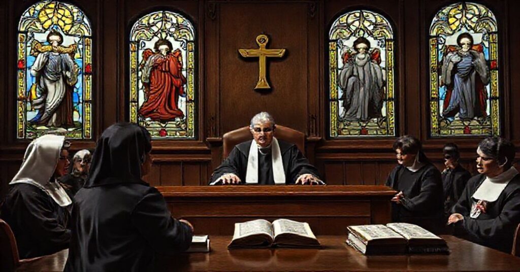 A solemn courtroom scene depicting the debate over the death penalty from a traditional Catholic perspective.