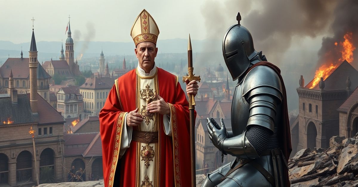Defending Christendom: The Social Kingship of Christ A traditional Catholic bishop and a Christian knight in armor symbolize the defense of Christendom against anti-Christian forces.